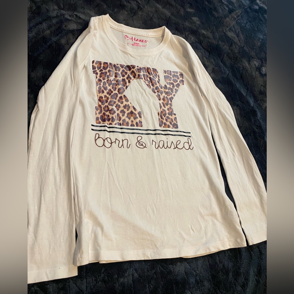 Hanes Cream Kids Long Sleeve Shirt with Leopard Print